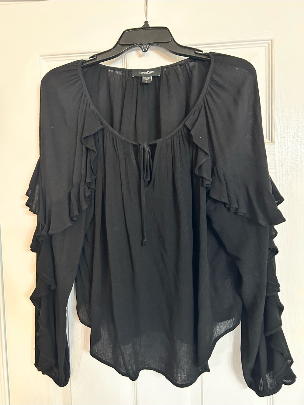Karen Kane Black Ruffle-Sleeve Tie-Front Blouse